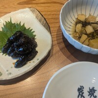 炭焼うな富士 大丸京都別邸 - 肝焼きとお通し（無料）の大根の昆布和え