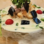 飯田商店 - 『湯河原十二庵の青大豆豆乳と山葵と酢橘の冷し麺』