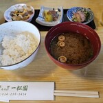 一松園 - 三種盛り、麦入りご飯、赤だし