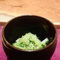 IL TEATRINO DA SALONE - ②【大紋ハタ、加賀太胡瓜、ガスパチョ】
                    ★：大紋ハタ、加賀太胡瓜+サングリーン？（緑色のミニトマト）のシャーベット、ガスパチョ仕立て