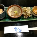 亀戸・養生料理　高の - お通し　揚出し豆腐、蕎麦の耳、揚げ蕎麦、マンボウの肝