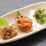 旬家 - ○三品揚 （うつぼ・川海老・四万十のり）