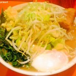 ちばから - らーめん(豚一切れ)+温玉+レン草 「ニンニクネギ」(890円) 2014/03