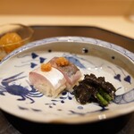 味幸 - 鯵棒鮨、茄子がくとインゲン胡麻和え