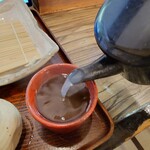 そば居酒屋 楽 - そば湯で薄めて飲んでみたら
カエシの寝かした円味感はあるものの
やはり、シッカリ目な醤油感と
出汁は顆粒出汁感な味わいだよねえ

割と濃い目なので、そば湯を何回か追加して注いでいる