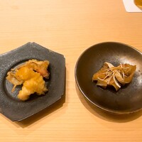 鮨 楽味 - つぶ貝と北寄貝の天麩羅　甘鯛の煮付け