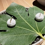 レスピラシオン - ・金沢の若紫蘇といちじくのお茶菓子
      周りに若紫蘇のパウダー、上にはジュースで炊いた昆布だそうです。
      凍っているので最初に。