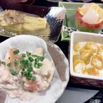 L'atelier di Angela - ８月のお膳 帆立とアボカドのサラダ、かぼちゃのニョッキ、いちじくの白和え、焼茄子のタップナートソース