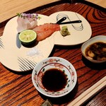 太いち - 明石のキジハタとしまえびのお造り しまえびのミソ醤油をつけていただきました、最高！