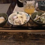 山形 2/2～いち～ - お通し　今日は水餃子・マカロニサラダ・お漬物の和物　これだけで飲んでる方も多かった