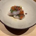 温石 - 泳がせ黒ムツ、みぞれトマト、春菊