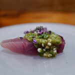 馳走西健一 - ③泳がせ黄肌鮪の幼魚(静岡県駿河湾産、3.8kg、サスエ前田魚店)、叩いたオクラのソース掛け、紫蘇穂花散らし