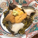 日本料理 別府 廣門 - 蒸し鮑　赤雲丹　鮑肝ソース　蕎麦