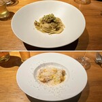 ドンブラボー - 【上】ふきのとう （生のふきのとう、豚肉、コーレーグースー、白ワインソースのパスタ） 【下】ホワイトアスパラガス
      （ホワイトアスパラのフリット＆鶏レバーのパテ、焦バターのソース、卵）
      
      