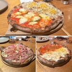 ドンブラボー - 【上】ピザ
      しらす＆マルゲリータ
      【左下】熟成じゃがいも＆きのこ（※追加）
      【右下】クワトロフォルマッジ＆マリナーラ（※追加）
      