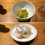 ドンブラボー - 【上】春野菜
      （福島産白魚、そら豆、新玉ねぎ、スナップエンドウ、菜の花、からすみなど）
      
      【下】鰆
      （サワラのカルパッチョ、じゃがいものピューレ、黒大根のサラダ、橙の自家製ポン酢、ゴルゴンゾーラ）