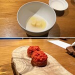 ドンブラボー - 【上】熟成じゃがいも
      （村上農場熟成じゃがいものニョッキ、はまぐり出汁、鯛出汁）
      
      【下】ブルスケッタ
      （鯖の干物＆フルーツトマト、ブラータチーズ）