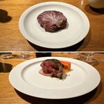 ドンブラボー - 【上】白子
      （白子のペンネアラビアータ、トレビス）
      
      【下】ハンバーグ
      （網脂で包んで薪焼きした塩と肉のみハンバーグ）