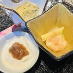 横浜 夜景 鉄板焼＆ステーキ 祥鳳 - ふぐ皮の煮こごり・汲み上げ湯葉 まぐろの酒盗のせ・冬瓜ヤングコーン海老の炊き合わせ