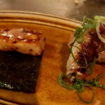 ト灯 - 生麩の磯辺焼、広島菜と紅生姜の肉巻の盛合せ