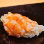 鮨 三心 - ⑳車海老(熊本県天草産)
      茹で立てで華やかな甲殻らしい香り、身はプリプリ、それに合わせて一番温度の高い温かなシャリ、この相性が良く、豊潤な甘みと旨味が口腔内に押し寄せてきます