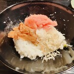 富小路 やま岸 - 【写真⑮】明太子、なめ茸、じゃこ載せご飯(長野県、コシヒカリ)