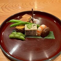 日本料理 たかむら - 八寸　枝豆　バイ貝旨煮　里芋唐墨　海老　椎茸　いんげん　卵焼き