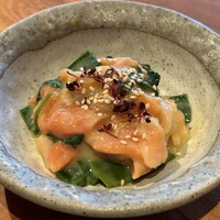 蕎麦 蘇枋 - 黒ミル貝の辛子酢味噌和え 京春菊と九条ネギ 850円