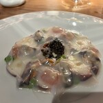 Ristorante SCAT_TO - Insalata di mare (生牡蠣・蛸・雲丹・キャビア・トマト・蚕豆 に salsa が掛かった  Carpaccio)