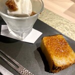 鮨 富かわ - カステラのキャラメリゼと酒粕のセミフレッド