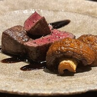 和食しんくろ - 蝦夷夏鹿ももステーキ、バルサミコソースに静岡県産無農薬マッシュルーム
