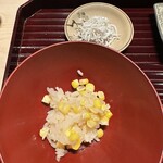 多仁本 - じゃこと玉蜀黍ご飯。瑞々しい玉蜀黍、最高！