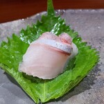 鮨匠 のむら - ⑦勘八幼魚【汐っ子】(鹿児島県開聞岳沖産、釣り、2.4kg、2日寝かせ)
      産卵は春～夏、旬は秋～冬
      若さ故の爽やかな甘さが鮮烈、特に背身の脂は穏やかでスッキリしています