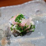 鮨匠 のむら - ⑨白鯵(根付き真鯵)(鹿児島県串木野産、朝釣り)
      産卵は春～夏、旬は秋～冬
      根付きとは餌が豊富な瀬に付き、回遊しない魚
      条件の良い場所を陣取る強い個体で当然脂のりも良く、脂は軽く、爽やかに蕩けます