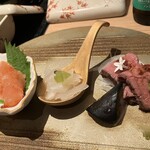 博多もつ鍋おおやま - ローストビーフ、明太子、大根の酢の物