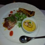 志喜亭 - 鰻のキッシュ　トウモロコシの冷たい洋茶碗蒸し　マグロのカルパッチョ