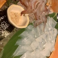 寅八商店 心斎橋店 - 名物のイカのお造り。まだ動いていた頭は天ぷらに。