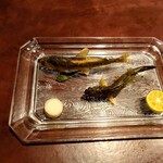 りょうりや 御旅屋 - 活け鮎　素揚げと炭火焼