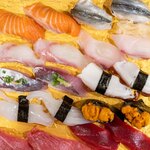 光寿司 - 2024.8 握り（カンパチ、鮃、真鯵、特上北海うに、紅トロサーモン、本鮪赤身、本鮪中トロ、北海道産真蛸、江戸前新子、白いか）