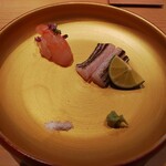 鮨 さかい - ボタンエビ（北海道産）とタチウオ（東京湾産）のお造り