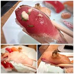 すし処　高寅 - 鰹、帆立、間八。間八には「もろみ」と「薬味」が乗せられ、いいアクセントに。