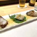 蔵六雄山 - 酢蛸、鱧、牡蠣の松前漬け。牡蠣の松前漬け初めまして、絶品すぎました。