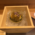 日本料理 太月 - 量少なめコース２５３００円。煮鮑と雲丹 冷製。肝のソースに鮑、上質の生雲丹、鮑煮汁のジュレという内容です。定番ですが、すべてが良質で、素晴らしい味わいです