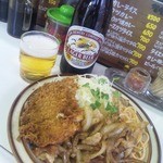 ヒラメフライ・しょうが焼きでビールをいただきました