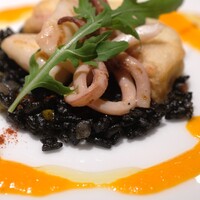 アピシウス - ヤリイカのグリエ、本日の鮮魚のフリット　イカスミのパエリアと共に　赤ピーマンのクーリー