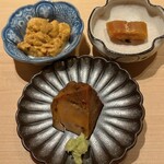 すが弥 - 塩水赤ウニと唐墨、鮟肝の三点セット