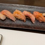 鮨処 修 - 料理写真:握り　鮪、平目、金目鯛、甘えび、黒むつ、赤貝、穴子