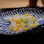 富小路 やま岸 - ◉淡路島 黒鮑粥 
                                黒鮑肝ペースト乗せ黒鮑 玉蜀黍と枝豆の粥掛け