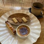 野菜が主役の古民家レストラン 花果菜 - 野菜のフィナンシェ（生姜、紫いも）、紅はるかのクリームブリュレ（さつまいもだからかねっとり）、えごまのタルト（えごまがプチプチ）