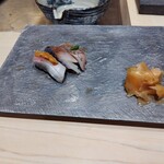 銀座のみこ寿司 - カンパチうにのせ、しめ鯖、鯵